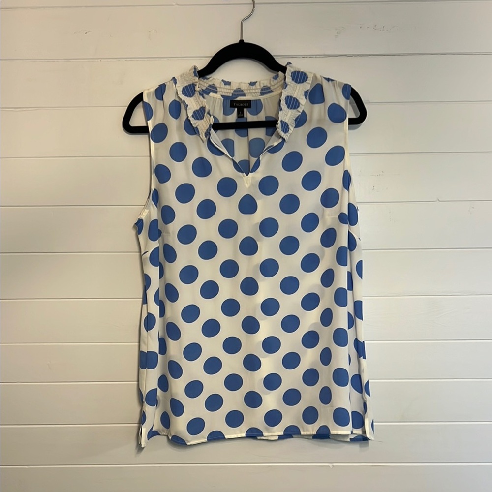 Talbots White and Blue Sleeveless Bib Collar Blouse